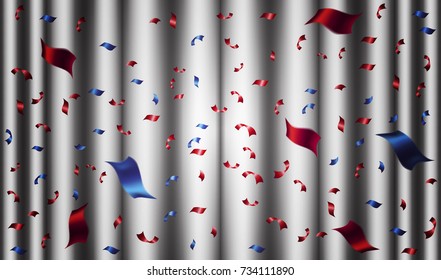 Background with a white cloth and blue red falling pieces of paper.