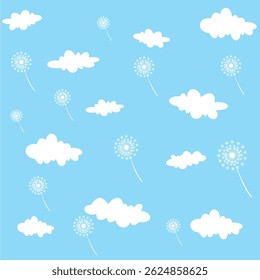 background of white clouds and flying dandelions in the blue sky