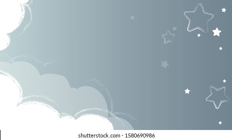 Background with white clouds and stars. For inscriptions, cards, leaflets, signage, children's things, blankets, pillows, rugs, towels, banner, poster.