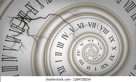 Background with white cracked spiral dial, clock. Time, eternity metaphor