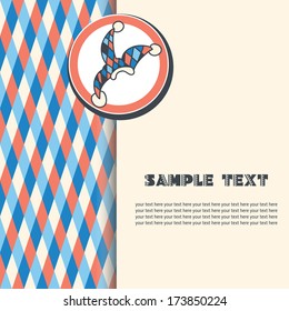 Background of white, dark blue, red triangles on a white background. with the clown hat. Space for text