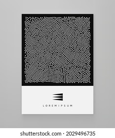 Background of white dots randomly moving on black backdrop. Chaotic concentration and dispersion of small rounds. Dotted template. Stylish banner with spots. Dynamic vector illustartion.