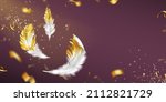 Background with white feathers with gold glitter, confetti and empty space. Vector poster with realistic illustration of flying golden colored bird or angel quills, sparkles and ribbons