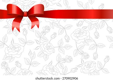 Background white flowers roses pattern with red bow vector
