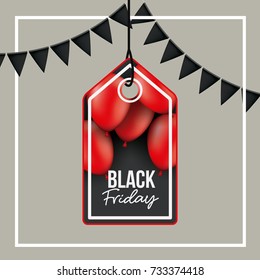background with white frame and gray background with black festoons with pendant rectangular tag with triangle top side of black friday offer with red balloons and black backdrop vector illustration