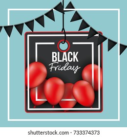 background with white frame and light blue background with black festoons with pendant square tag of black friday offer with red balloons and black backdrop vector illustration