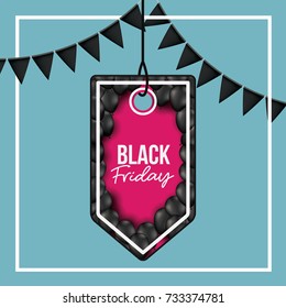 background with white frame and light blue background with black festoons with pendant tag of black friday offer with black balloons and magenta backdrop vector illustration
