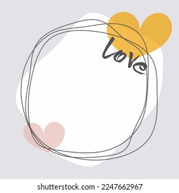 Background, white frame with minimalistic elements, hearts and the inscription love. Vector illustration for Valentine's Day card, wedding invitation