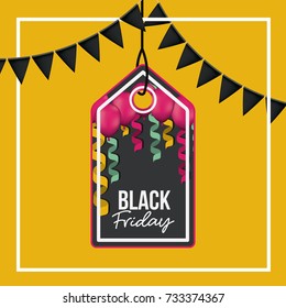background with white frame and orange background with black festoons with pendant rectangular tag with triangle top side of black friday offer with magenta balloons with ribbons and black backdrop