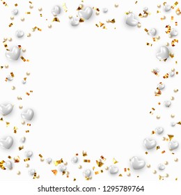 Background with white hearts and round beads strewn with golden confetti