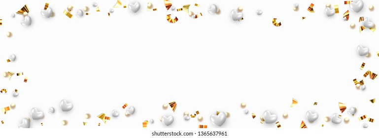 Background with white hearts and round beads strewn with golden confetti