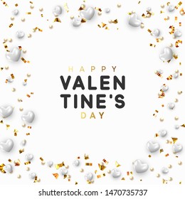 Background with white hearts and round beads strewn with golden confetti