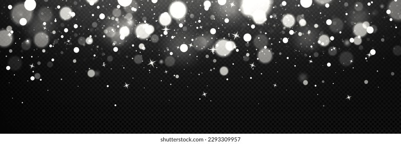 Background of white light bokeh with blur effect and sparkles. Abstract overlay texture of glitter, blurry shine isolated on transparent background, vector realistic illustration