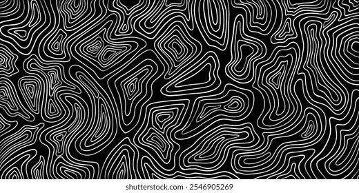 Fondo de líneas blancas. Líneas finas, fondo negro, ondas, gráficas de Vector, líneas topográficas, Fondo de pantalla con contornos, líneas abstractas.