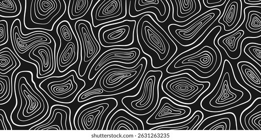 Background of white lines. Thin lines, black background, waves, vector graphics, topographic lines, wallpaper with contours, abstract lines