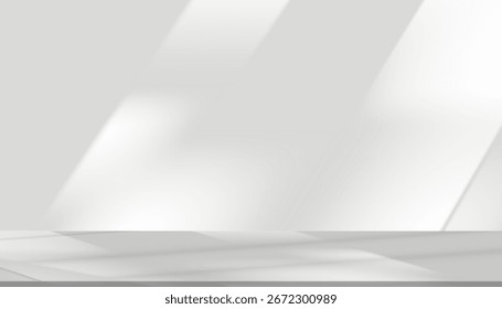 Background white minimal white, gray backdrop and soft light shadows on empty stage platform.Vector Studio background for product display,Modern mockup template,Advertising, Clean presentation banner