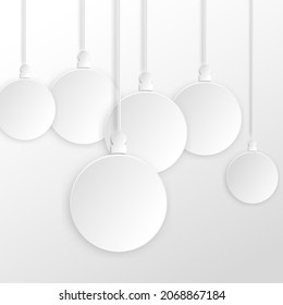 Background with white paper Christmas balls. Paper cut style blank template. Merry Christmas and Happy New Year banner card