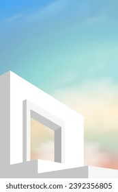 Background White Podium Platform over Sky and Cloud for Cosmetic Product Present,Vector 3d Grey Display Step Showcase with Summer Pastel Sky,Minimal Backdrop Scene Architecture Mockup