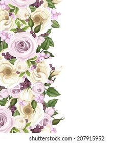 Background with white and purple roses and lisianthus flowers. Vector illustration.