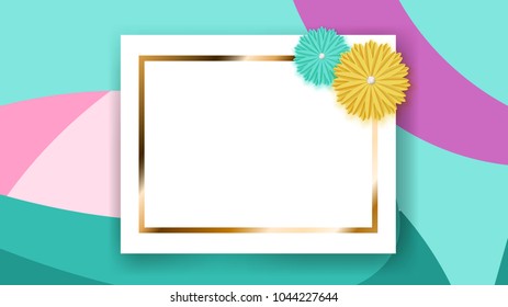 Background of white rectangle frame with golden strip and colored paper flowers