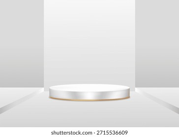 Escenario redondo blanco del pedestal del fondo con el ajuste de la base del oro 3d, estudio minimalista de la pared con la luz, sombra en el piso plateado del podio, maqueta de lujo del empaquetado del producto de Showcas con el fondo gris suave del gradiente