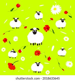 Background with white sheep, poppies and daisies.