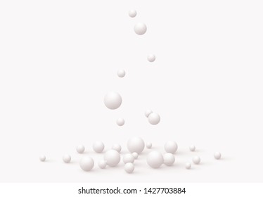 Fundo com esferas brancas. Fundo abstrato mínimo com bolas realistas. Cartaz de arte, banner moderno na moda, design de elemento 3D, objetos de grupo