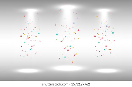 Background with white spotlights shining bright light from above. Confetti fall from the ceiling.