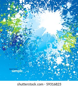 Background with white spots and sprays on blue. Vector illustration.