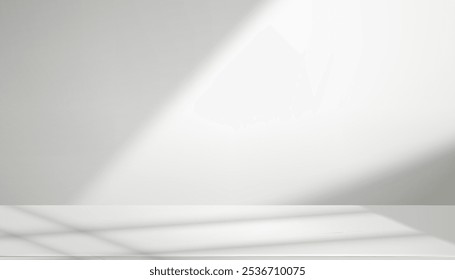 Estúdio Branco de Fundo com Sombra na Parede Cinza e Piso de Pódio para Design de Produto de primavera, Sala de Cozinha Interior com Efeito de Textura de Luz do Quadro da Janela, Vetor 3d Fundo para Banner de Verão