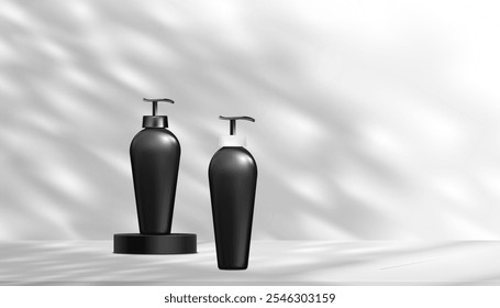 Background White Wall Studio Room with Light,Shadow on Pump dispenser soap bottle on black Podium Platform Step concept for men product banner.Vector mockup podium for skin care product present