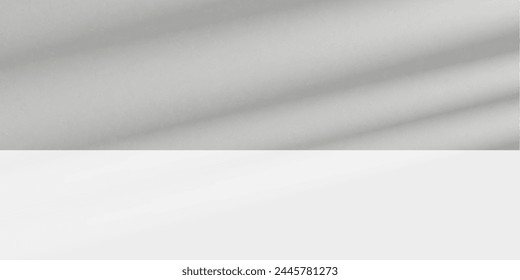 Estudio de pared blanca de fondo con hojas de sombra, fondo de textura superficial de piso de cemento ligero, sala de cocina vacía con pantalla de podio, barra superior del estante