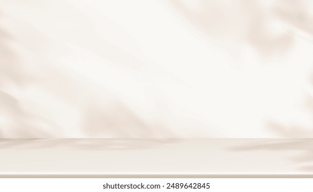 Background White Wall Studio with Shadow Leaves, light Beige floor for Autumn Product Present,Empty Kitchen Room with Podium Display,Top Shelf Bar,Backdrop blank interior countertop for Winter