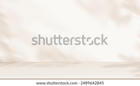 Background White Wall Studio with Shadow Leaves, light Beige floor for Autumn Product Present,Empty Kitchen Room with Podium Display,Top Shelf Bar,Backdrop blank interior countertop for Winter