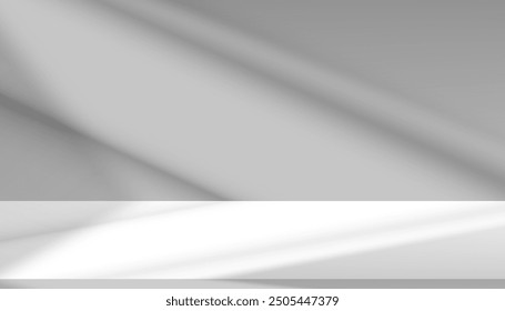 Background White Wall Studio.Kitchen Room with Light,Shadow on Desk,Grey Podium Display with Top Shelf for Cosmetic Product,Empty Room with Sunlight on Concrete Floor Surface Texture