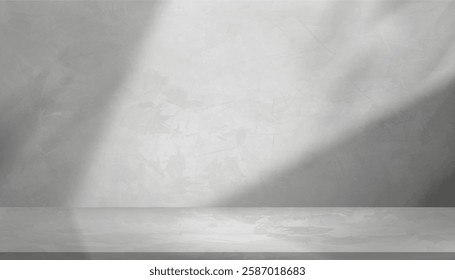 Background White Wall Studio.Kitchen Room with Light,Shadow on Floor,Empty Backdrop Grey Podium Display with for Cosmetic Product,Interior Room with Sunlight on Concrete Wall Surface and Floor Texture