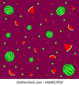 Background with whole watermelons and slices. Vector illustration. Slice of watermelon, ripe tasty, healthy summer, seasonal berry, vitamin. Colorful