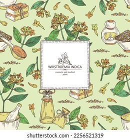 Background with wikstroemia indica: leaves, flowers and wikstroemia indica plant. Daphne indica. Oil, soap and bath salt . Cosmetics and medical plant. Vector hand drawn illustration