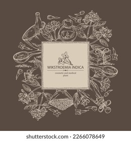 Background with wikstroemia indica: leaves, flowers and wikstroemia indica plant. Daphne indica. Oil, soap and bath salt . Cosmetics and medical plant. Vector hand drawn illustration