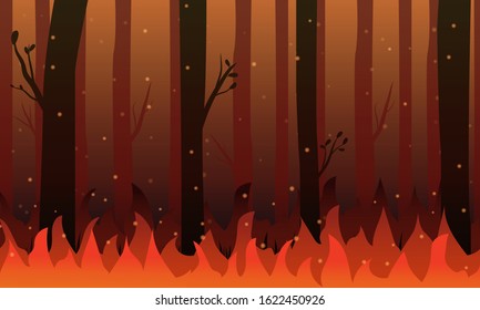 Background wildfire. Forest in fire and sparkle fire at night. Vector illustration.