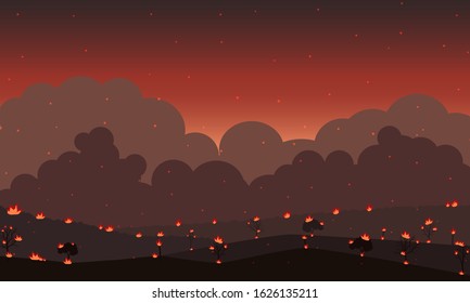 Background wildfire. Forest in fire and sparkle fire at night. Vector illustration.