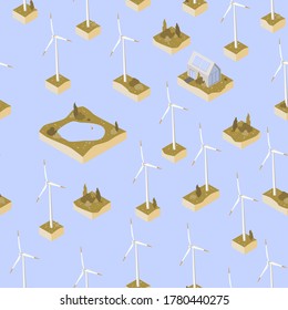 Background with windmill drawing pattern. Windmills for electric power production. Vector Illustration