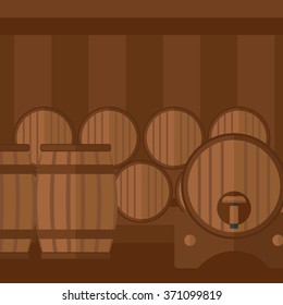 Background of wine barrels in cellar.