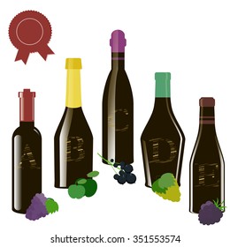 Background with Wine Bottles, Berries and Fruits. Wine Vector Art Alcohol.