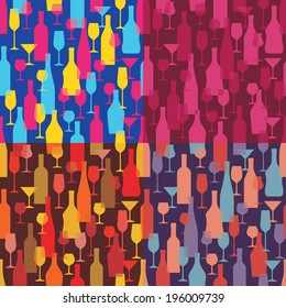 Background with Wine Bottles and Glasses - Seamless Vector Pattern Illustration in four colors for creative design projects.