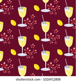 the background with wine glasses, lemon and flowers