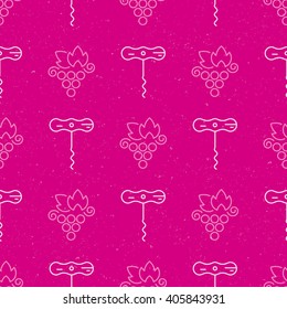 Background for wine and winery with grape and corckscrew. Vector seamless background.