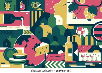 Background of winemaking, cheese and grape. Concept modern fruit alcohol development and tasting drinks with traditional France house. Vector illustration.