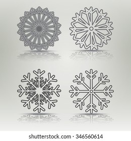 Background for winter and christmas theme. Winter season decoration for flyer, banner, poster, background. Icons set of snowflakes simple, flat shape. New Years clipart