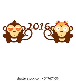 Background for winter or Christmas theme. Two monkey and lettering 2016. Cartoon monkeys babies brown color.  Animal symbol of New Year. Cover for calendar, flyers, banners